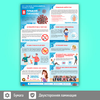 Плакат «Восемь правил гигиены. Как избежать коронавируса, гриппа и ОРВИ» (М-28, ламинированная бумага, А3, 1 лист)